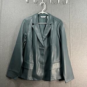 Denim & Co. Faux Leather Blazer with Pockets Dark Slate Large